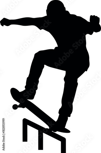 Skateboarder doing a grind trick on a rail silhouette vector