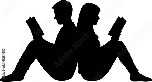 Silhouette of man and woman reading books back-to-back quietly