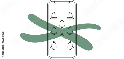 Smartphone screen displays notification bells interrupted by a green abstract element.