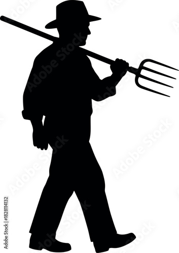 Farmer silhouette walking with pitchfork, rural worker logo.