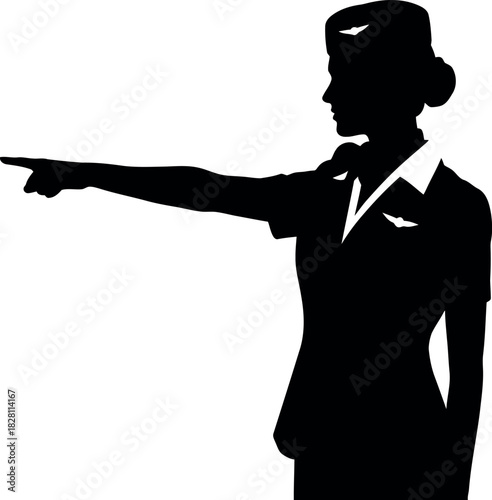Airline stewardess silhouette points left, professional guidance