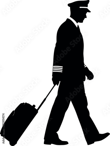 Pilot walking with luggage silhouette, professional air travel