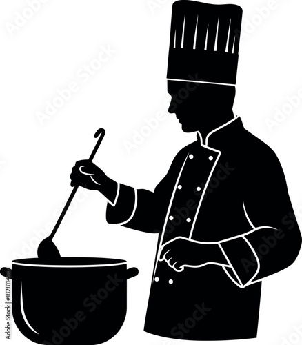 Chef silhouette cooking, stirring food in pot with ladle, meal