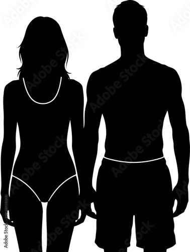 Male and female in swimsuits silhouettes standing side by side