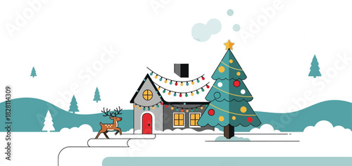 A cozy christmas house with a reindeer sleigh on a snowy winter landscape