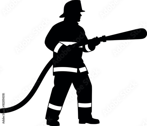 Firefighter silhouette holding hose nozzle on white background