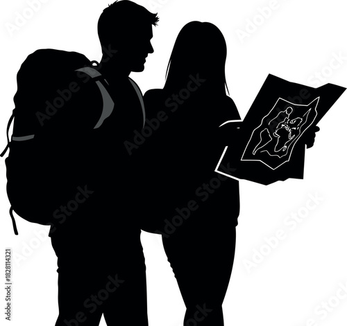 Traveling couple with map planning adventure route silhouette