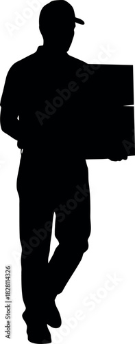 Moving service worker silhouette carrying stacked parcels swiftly