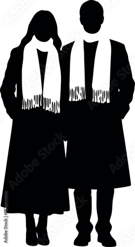 Silhouette of a couple wearing white scarves, standing closely