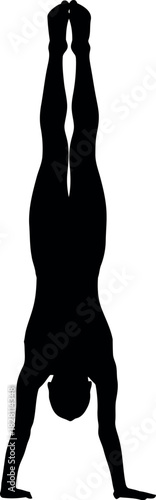 Human silhouette doing handstand, yoga pose, body balance exercise
