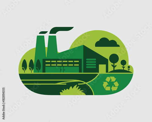 A green factory symbolizing industry and environmental responsibility with recycling symbols.