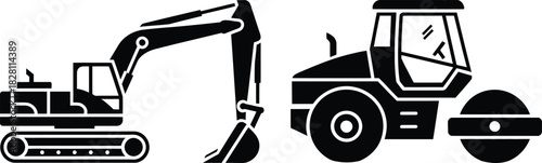 Heavy machinery construction vehicles excavator and road roller