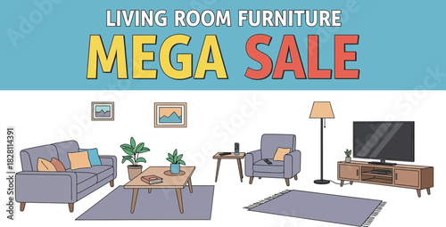 Mega sale on living room furniture with sofa, chair, table, and television