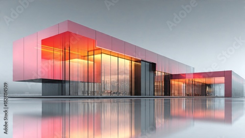 Modern architectural structure with reflective glass facade and vibrant red accents