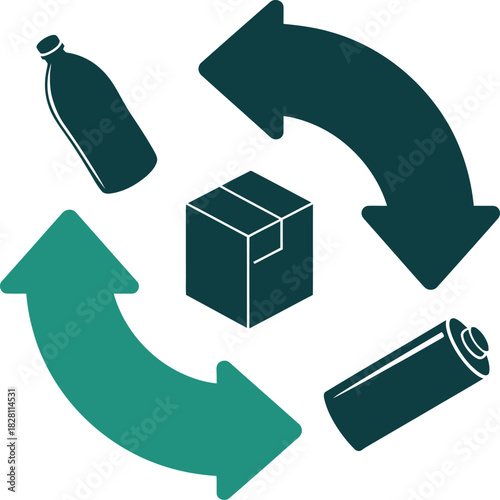 Recycling symbols and icons depicting a bottle, box, and battery within a circular arrow motif.
