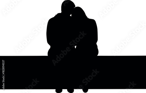 Loving couple silhouette sitting close, head on shoulder on white