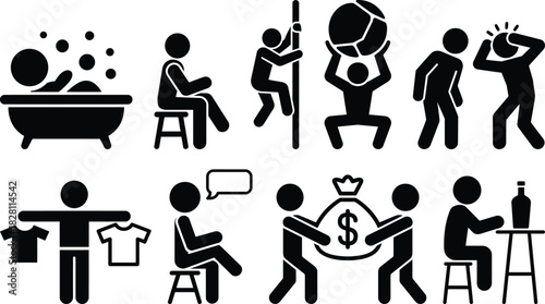 Stick figures depicting diverse daily life situations and common actions