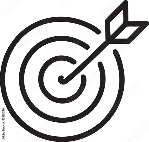 A simple black and white line drawing depicts a dart hitting the center of a circular target symbolizing accuracy and success high quality professional detailed modern