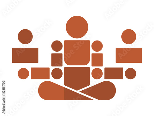 A stylized figure in a seated meditation pose is surrounded by smaller figures, representing community and connection.