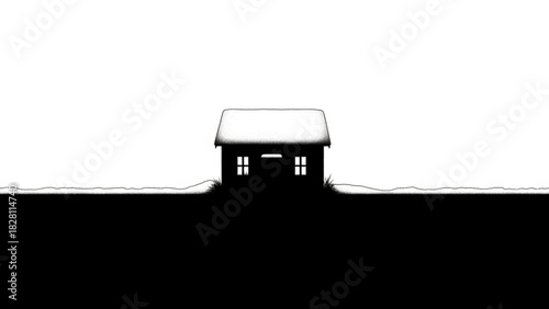 Eerie isolated house with snow-covered roof evokes mystery and solitude, rendered with stunning detail, originally created as scalable vector graphic
