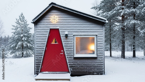 Cozy winter cabin retreat with red door and snowy woods, perfect for holiday getaways or serene escapes in a peaceful snowy landscape