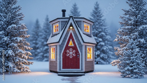Charming snow covered cottage nestled among trees, a cozy winter escape, holiday home, inviting retreat, warm glow from the windows, a Christmas card scene