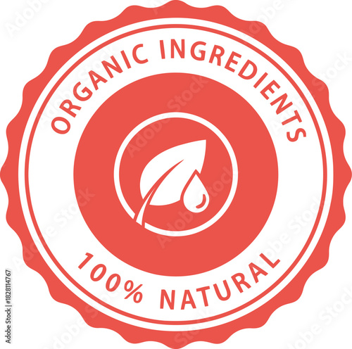 Organic ingredients 100% natural circular label with leaf drop