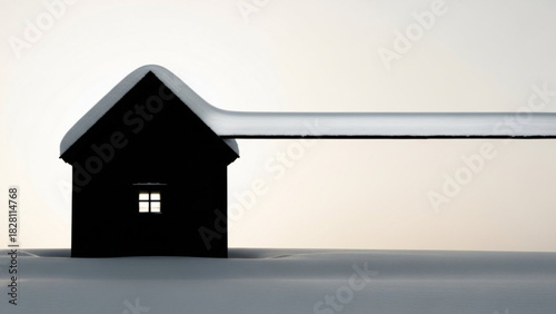 Cozy cabin retreat with snow-covered roof and warm light glowing, minimalist winter scene evokes peace and serenity, rustic solitude for holidays