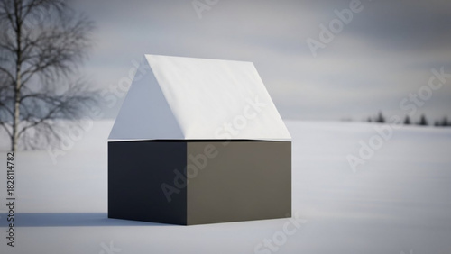 Minimalist home concept art in a stark winter landscape, symbolizing shelter, simplicity, and the beauty of cold weather, with clean modern lines