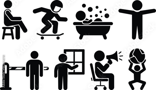 Stick figures illustrating common human activities and actions
