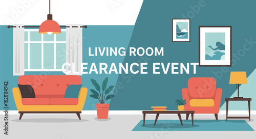 Living room clearance event with furniture and decor in a modern style