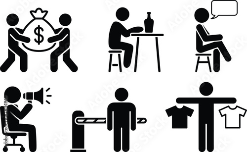 Human activity pictograms: finance, communication, barriers, apparel.