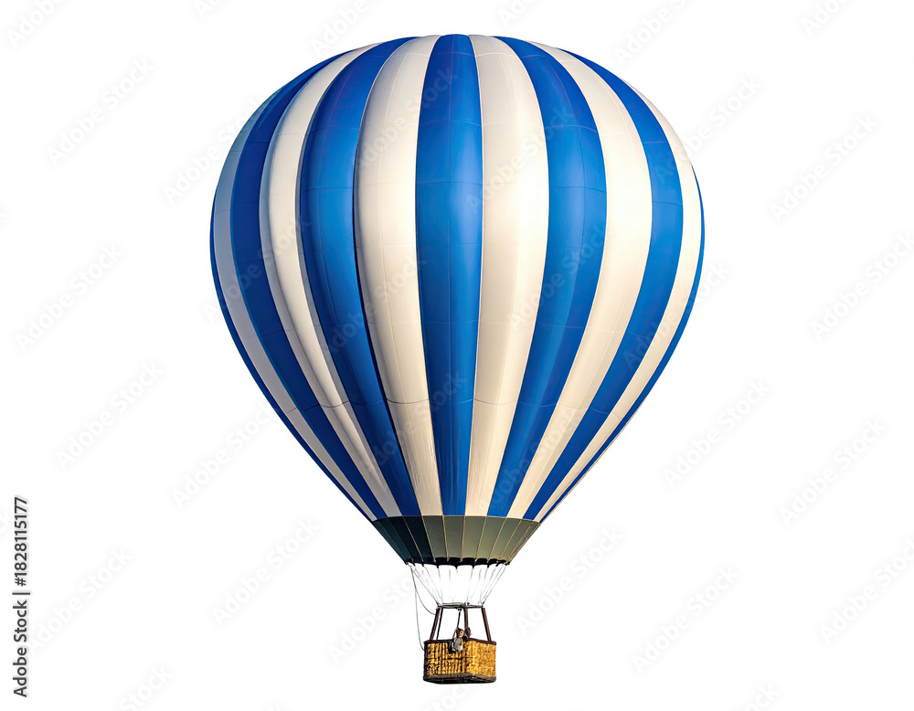 Naklejka premium A vibrant, striped hot air balloon, ascending against a stark black background