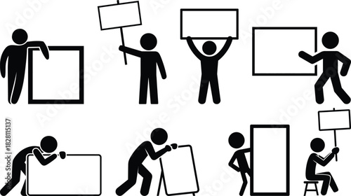 Stick figures holding blank signs, frames, and banners for messages