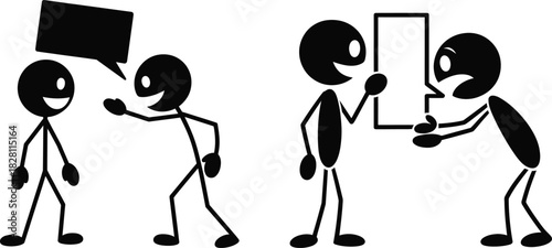 Stick figures engage in communication, discussion, and sharing