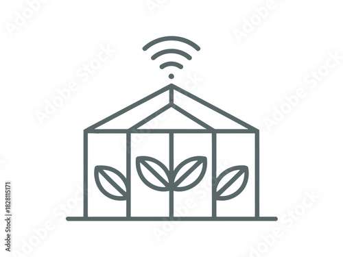 A smart greenhouse symbol with plants and a WiFi signal above.