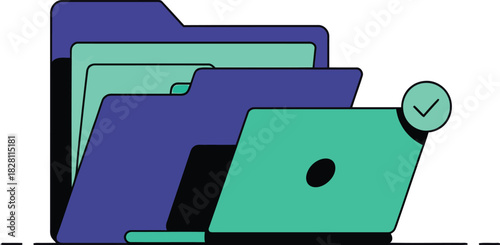 Digital folders organize files with a checkmark indicating completion on a laptop.