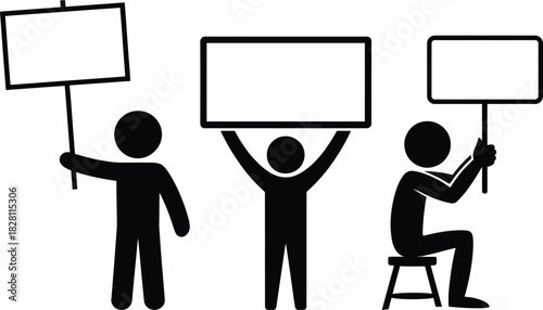 Stick figures holding blank signs for protest or advertising