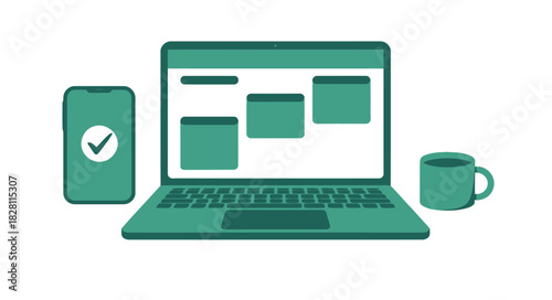 Modern technology setup with a laptop, smartphone, and coffee cup on a white background