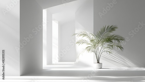 Minimalist interior design with a large potted green palm plant casting long shadows on an empty clean white wall and floor in bright sunlight