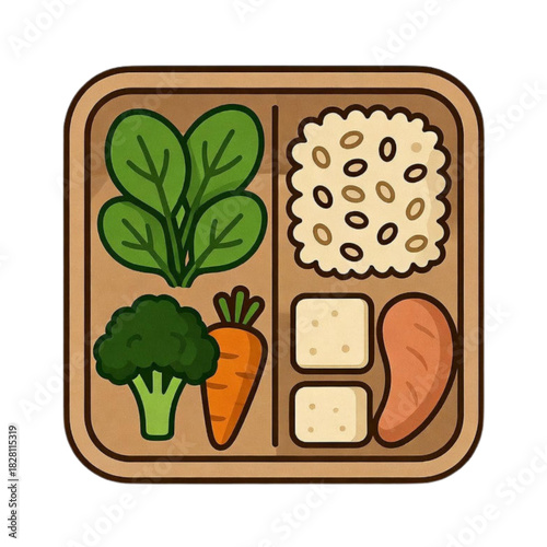 Healthy bento box lunch with rice spinach broccoli carrot tofu and chicken on white background