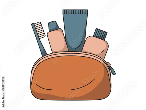 A small, orange toiletry bag holds dental hygiene products for travel.