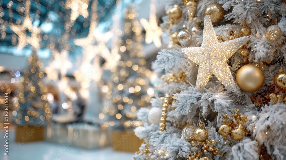 Fototapeta premium A Christmas tree with gold and white decorations and a star on top. The tree is surrounded by boxes and other decorations