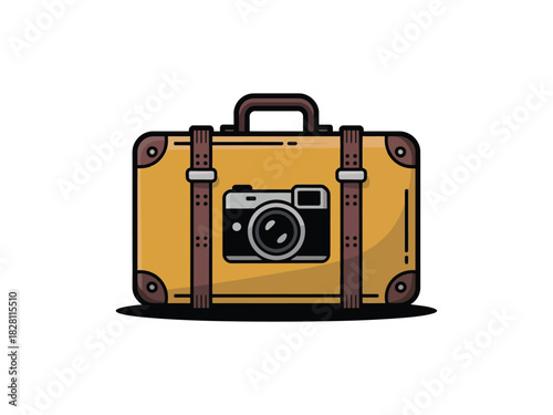 A vintage suitcase with a camera attached to its front represents travel and photography.