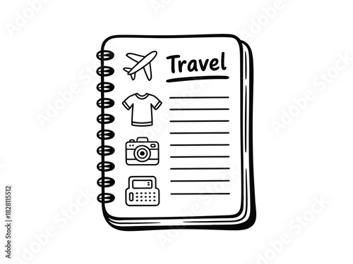 A travel notebook lists essential items like clothing, a camera, and a calculator for planning a trip.