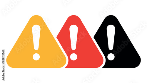 Three warning signs with exclamation marks in yellow, red, and black