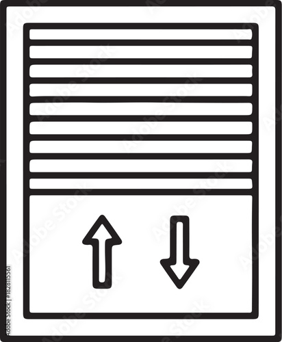 Outline icon of a window with blinds and up down arrows Keywords: window, blinds, shutters, roller shutter, up arrow, down arrow, direction, movement, open, close, icon, on transparent background