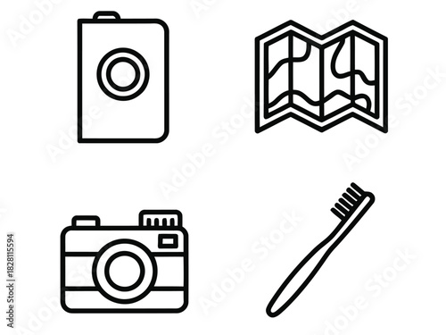 Travel essentials including a passport, map, camera, and toothbrush are depicted in this icon set.