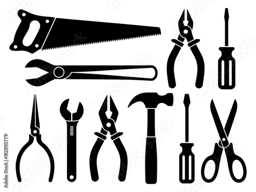 A collection of common hand tools is displayed as silhouettes against a white background.