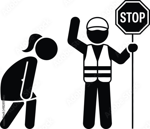 Warning symbol: person holding stop sign, another bowing down